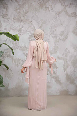 Drape Detaylı Pudra Tesettür Abiye Elbise 50193PD