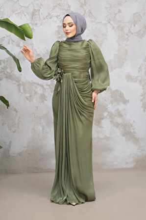 Drape Detaylı Haki Tesettür Abiye Elbise 51203HK