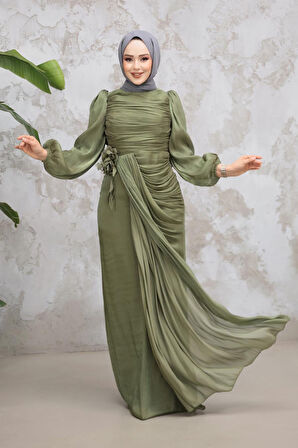 Drape Detaylı Haki Tesettür Abiye Elbise 51203HK