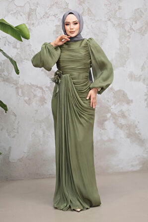 Drape Detaylı Haki Tesettür Abiye Elbise 51203HK