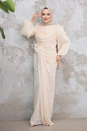 Drape Detaylı Bej Tesettür Abiye Elbise 51203BEJ