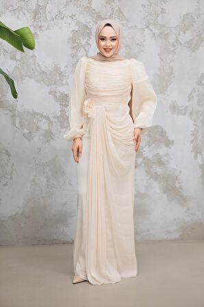 Drape Detaylı Bej Tesettür Abiye Elbise 51203BEJ