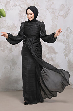 Drape Detaylı Siyah Tesettür Abiye Elbise 51203S