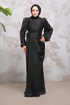 Drape Detaylı Siyah Tesettür Abiye Elbise 51203S