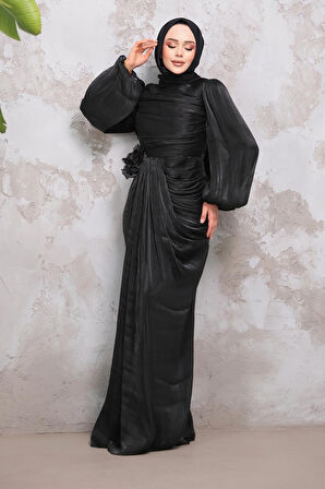 Drape Detaylı Siyah Tesettür Abiye Elbise 51203S