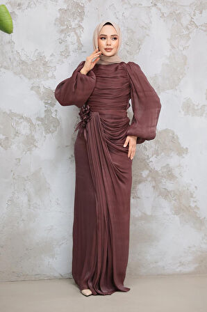 Drape Detaylı Kahverengi Tesettür Abiye Elbise 51203KH