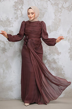 Drape Detaylı Kahverengi Tesettür Abiye Elbise 51203KH