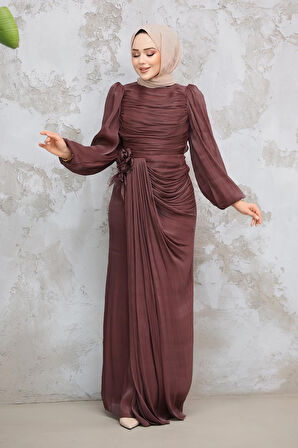 Drape Detaylı Kahverengi Tesettür Abiye Elbise 51203KH