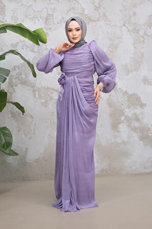 Drape Detaylı Lila Tesettür Abiye Elbise 51203LILA