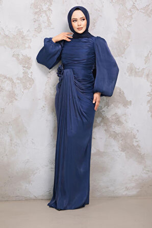 Drape Detaylı Lacivert Tesettür Abiye Elbise 51203L