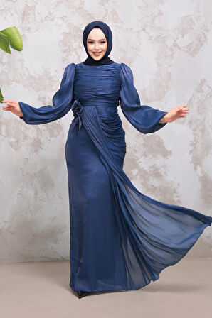 Drape Detaylı Lacivert Tesettür Abiye Elbise 51203L