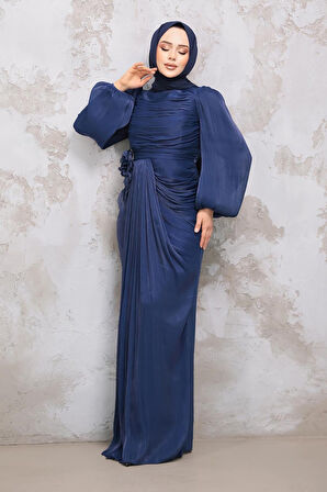 Drape Detaylı Lacivert Tesettür Abiye Elbise 51203L