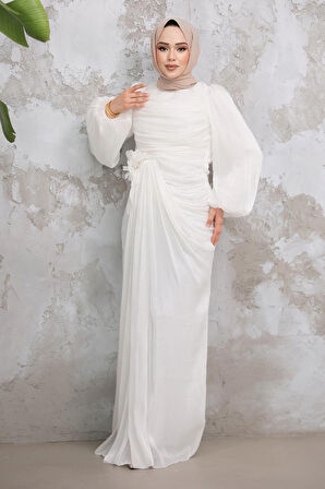Drape Detaylı Beyaz Tesettür Abiye Elbise 51203B