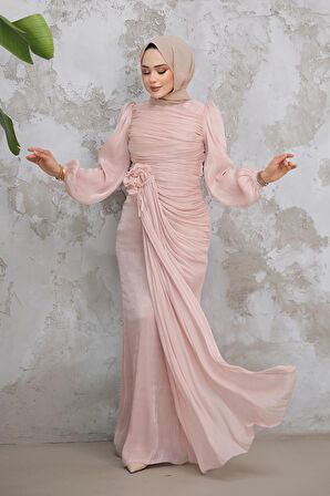 Drape Detaylı Pudra Tesettür Abiye Elbise 51203PD