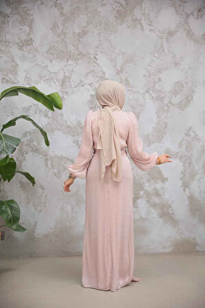 Drape Detaylı Pudra Tesettür Abiye Elbise 51203PD