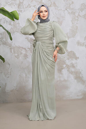 Drape Detaylı Mint Tesettür Abiye Elbise 51203MINT
