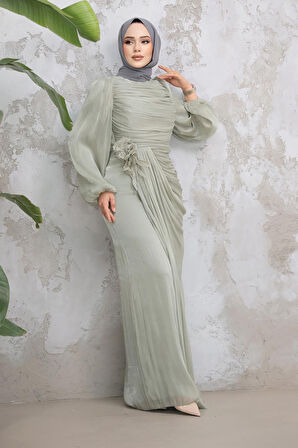 Drape Detaylı Mint Tesettür Abiye Elbise 51203MINT