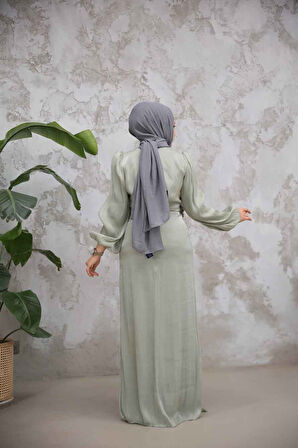 Drape Detaylı Mint Tesettür Abiye Elbise 51203MINT