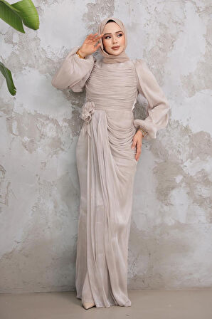 Drape Detaylı Vizon Tesettür Abiye Elbise 51203V