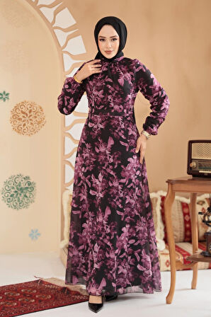 Çiçek Desenli Siyah Tesettür Elbise 27999S