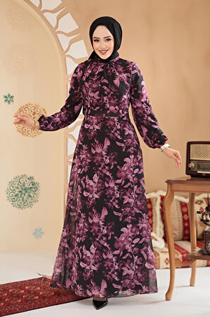 Çiçek Desenli Siyah Tesettür Elbise 27999S