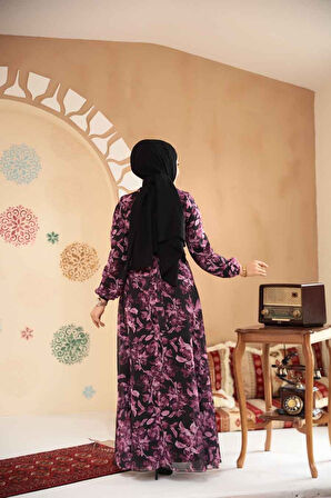 Çiçek Desenli Siyah Tesettür Elbise 27999S