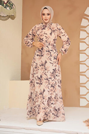 Çiçek Desenli Bej Tesettür Elbise 27999BEJ
