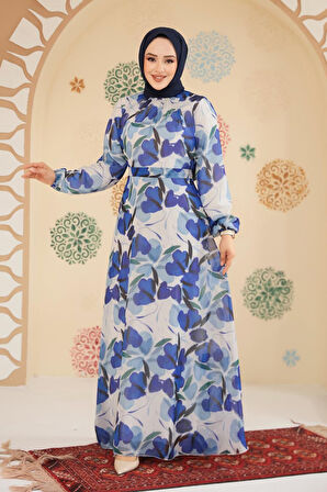 Çiçek Desenli Sax Mavisi Tesettür Elbise 279901SX