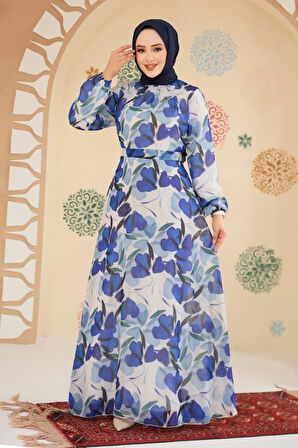 Çiçek Desenli Sax Mavisi Tesettür Elbise 279901SX