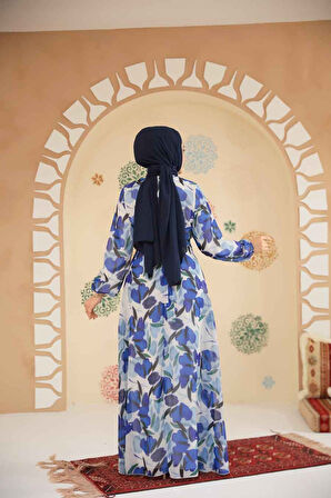 Çiçek Desenli Sax Mavisi Tesettür Elbise 279901SX