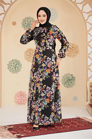 Çiçek Desenli Siyah Tesettür Elbise 279902S