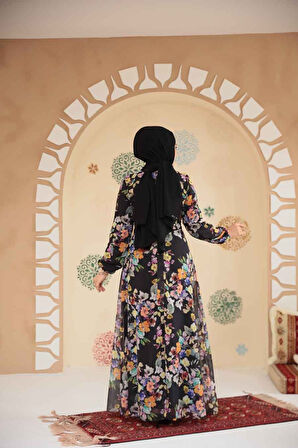 Çiçek Desenli Siyah Tesettür Elbise 279902S