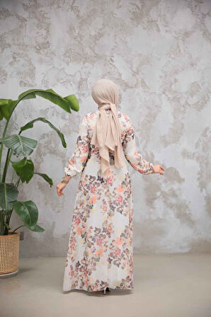 Çiçek Desenli Krem Tesettür Elbise 279902KR