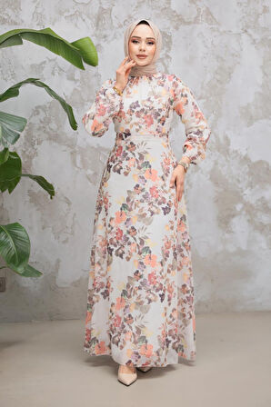 Çiçek Desenli Krem Tesettür Elbise 279902KR