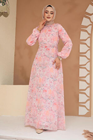 Çiçek Desenli Pudra Tesettür Elbise 279904PD