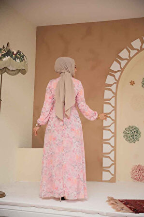 Çiçek Desenli Pudra Tesettür Elbise 279904PD