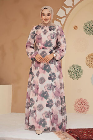 Çiçek Desenli Gül Kurusu Tesettür Elbise 279905GK
