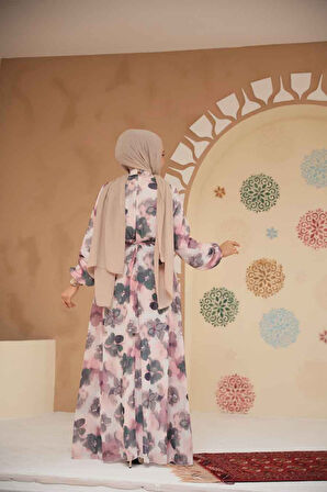 Çiçek Desenli Gül Kurusu Tesettür Elbise 279905GK