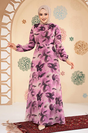 Çiçek Desenli Gül Kurusu Tesettür Elbise 279906GK