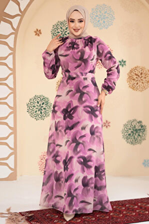 Çiçek Desenli Gül Kurusu Tesettür Elbise 279906GK