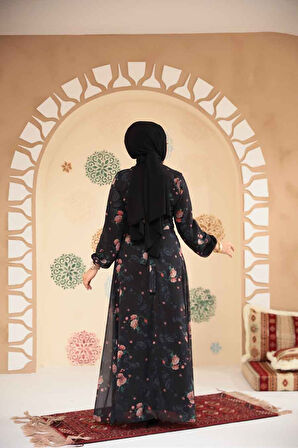 Çiçek Desenli Siyah Tesettür Elbise 279908S