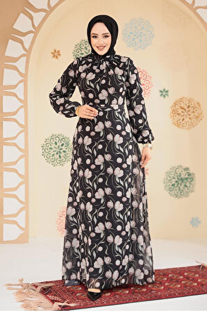 Çiçek Desenli Siyah Tesettür Elbise 279909S