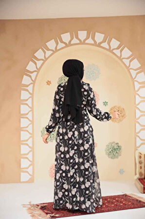 Çiçek Desenli Siyah Tesettür Elbise 279909S