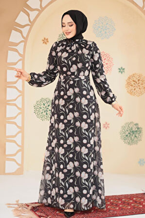 Çiçek Desenli Siyah Tesettür Elbise 279909S