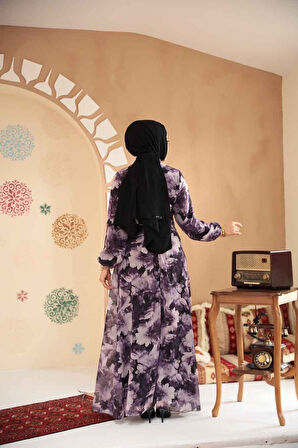 Çiçek Desenli Koyu Lila Tesettür Elbise 279910KLILA