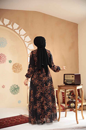 Çiçek Desenli Siyah Tesettür Elbise 279911S