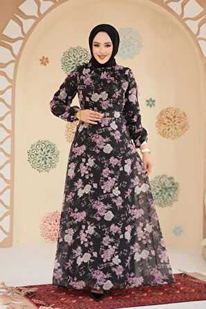 Çiçek Desenli Siyah Tesettür Elbise 279912S