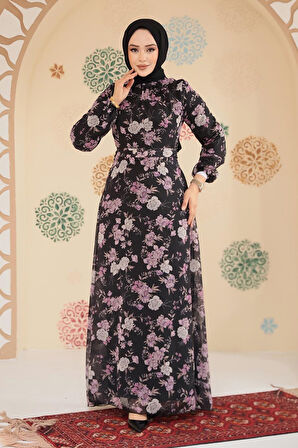 Çiçek Desenli Siyah Tesettür Elbise 279912S