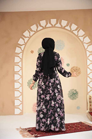 Çiçek Desenli Siyah Tesettür Elbise 279912S