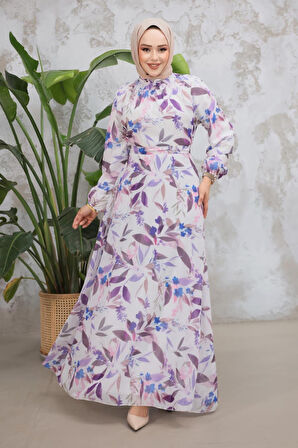 Çiçek Desenli Lila Tesettür Elbise 279913LILA